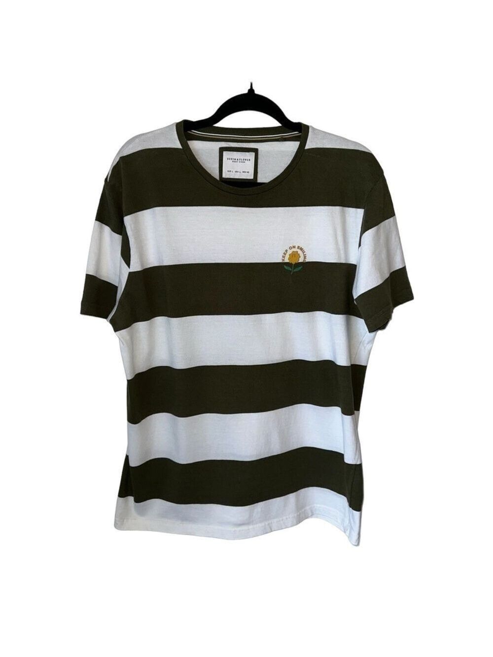 Denim & Flower Ricky Singh White & Green Striped Keep On Smiling Mens Tee Large